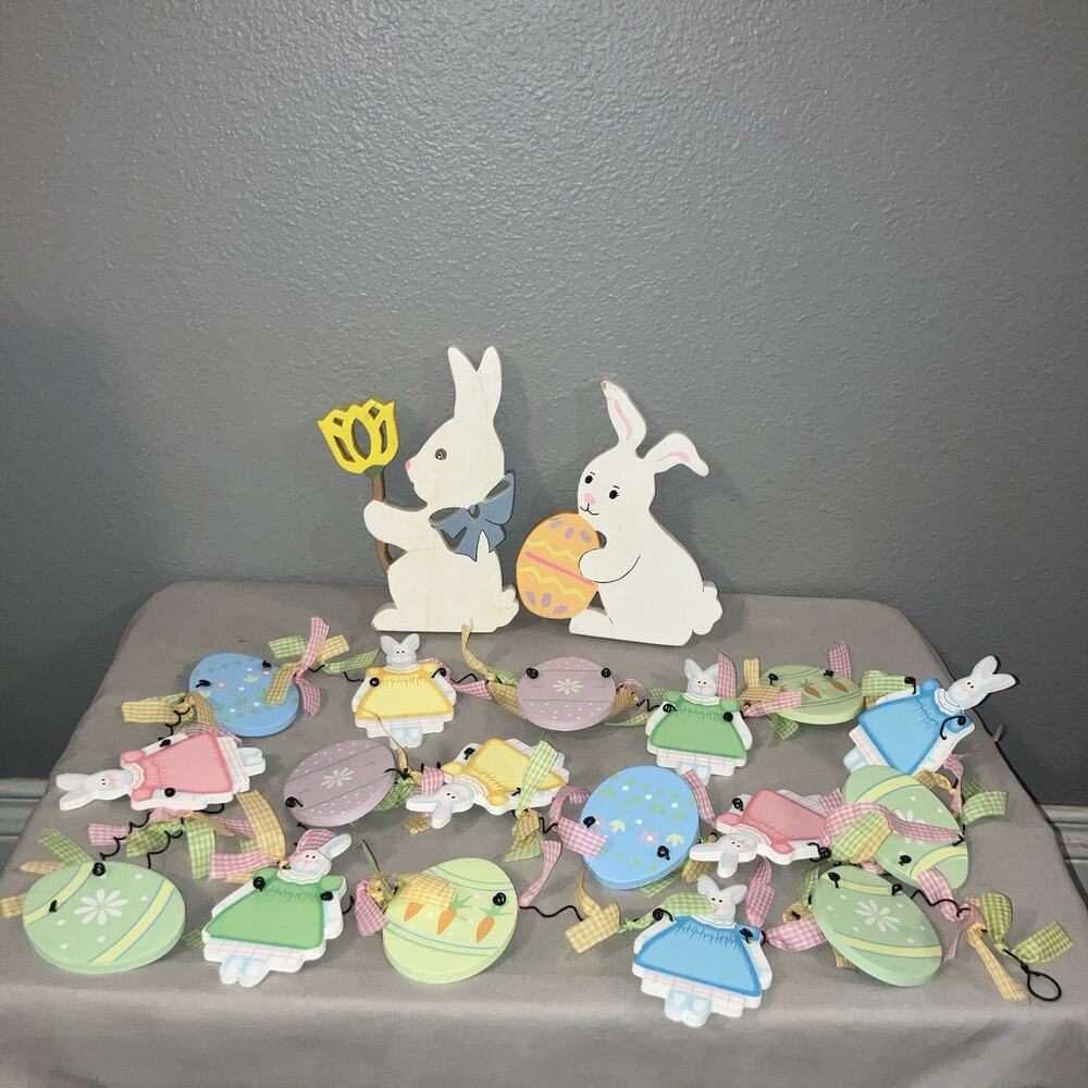 Easter Ornament Bunny / Egg Holiday Garland + 2 Wood 6" Rabbit Displays Bundle